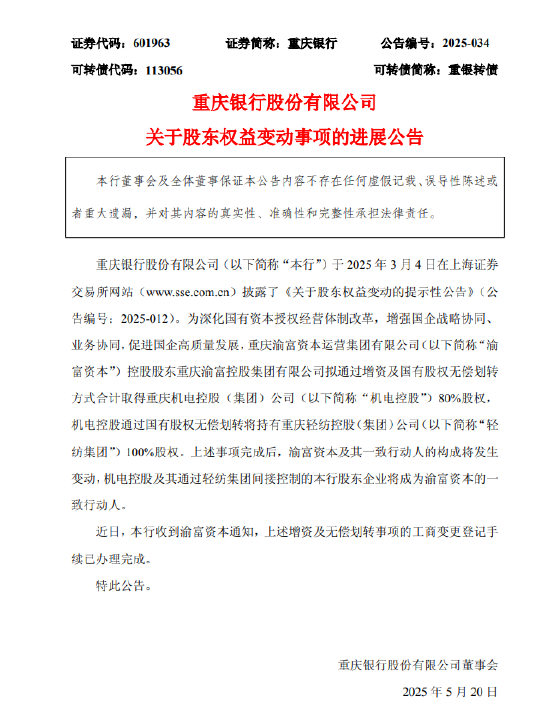 创达盈配资 重庆银行：股东权益变动相关工商变更登记手续完成