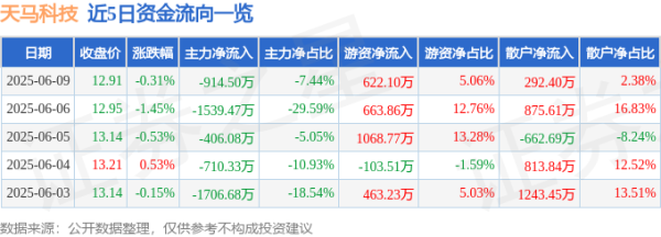 盛盈优配 股票行情快报：天马科技（603668）6月9日主力资金净卖出914.50万元